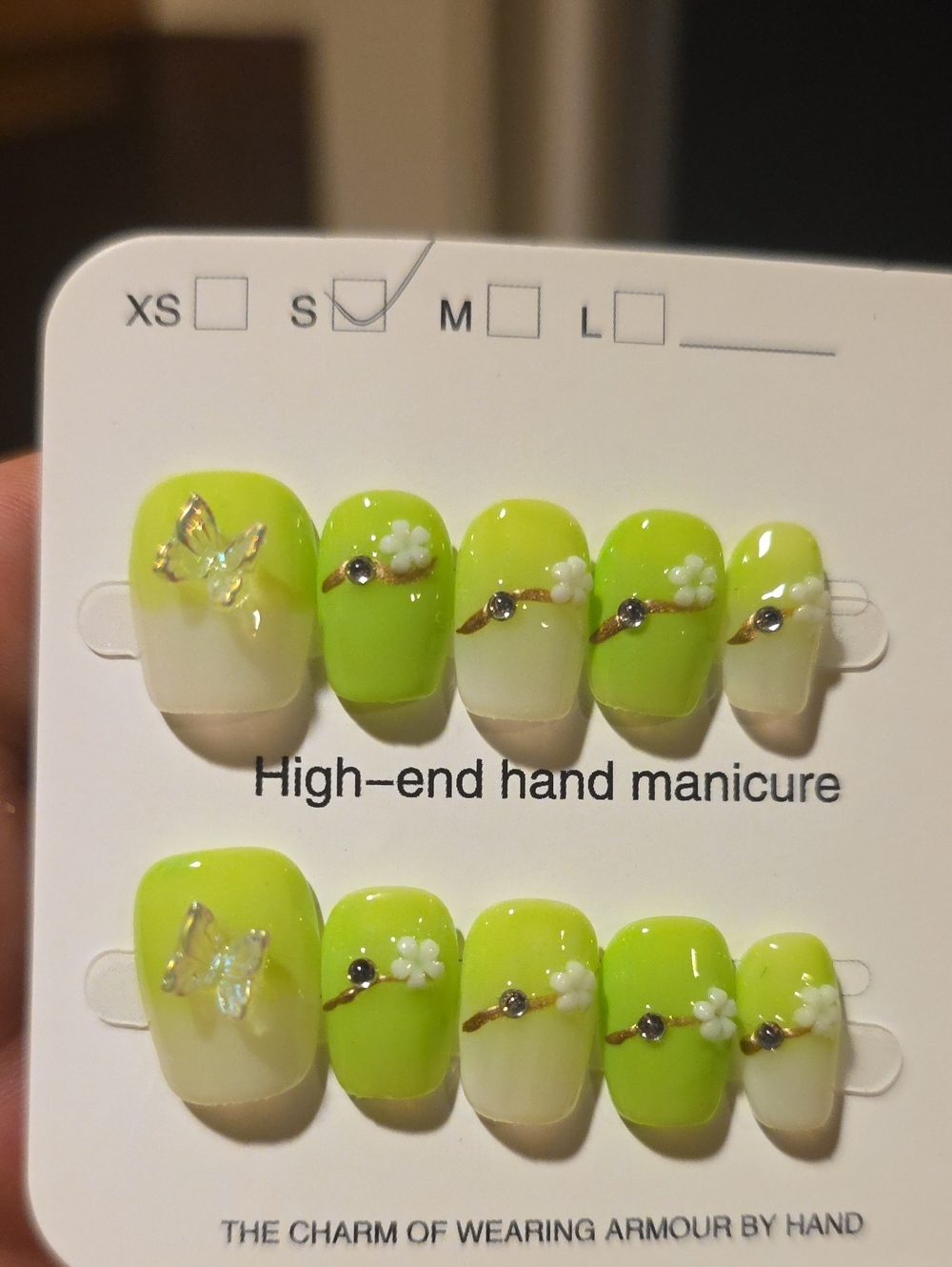 Lime Green Floral Rhinestone Press-On Nail Set Size Small